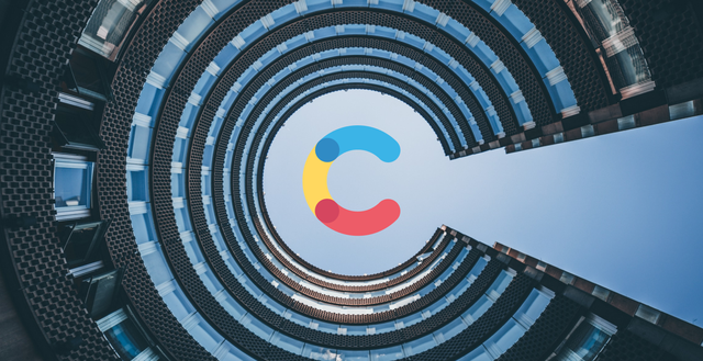Contentful logo in sky above circular courtyard