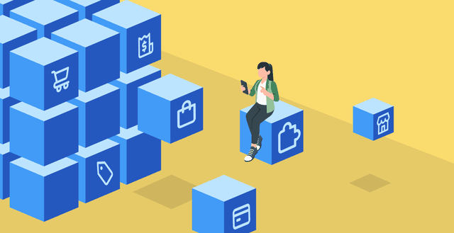 Illustration of a woman sitting on a blue cube in front of a matrix of other blue cubes