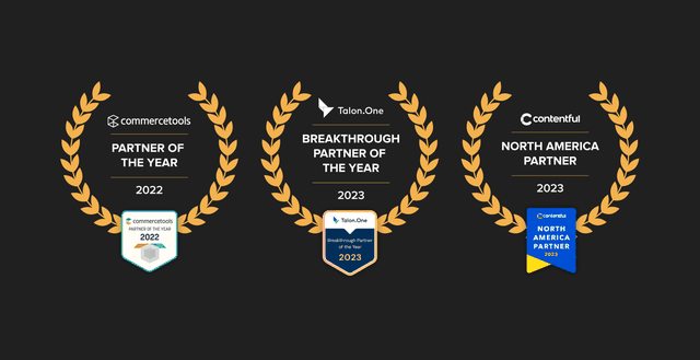 Three golden laurels with the badges of the three awards won from Contentful, commercetools, and Talon.One.