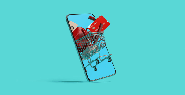 Photo composition of a full shopping cart flying out of a mobile phone screen