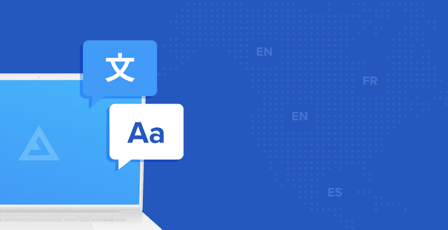 Illustration of laptop with languages being translated