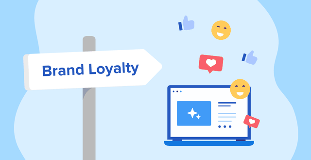 An illustration of a sign post and a laptop with the screen open, the sign reads brand loyalty and there are emoji reactions emerging from the laptop screen