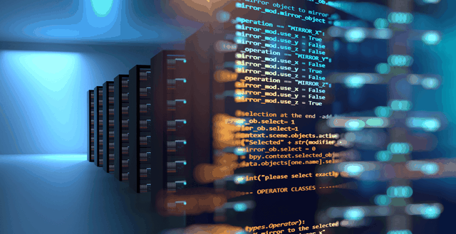 Photo composite of code and server racks