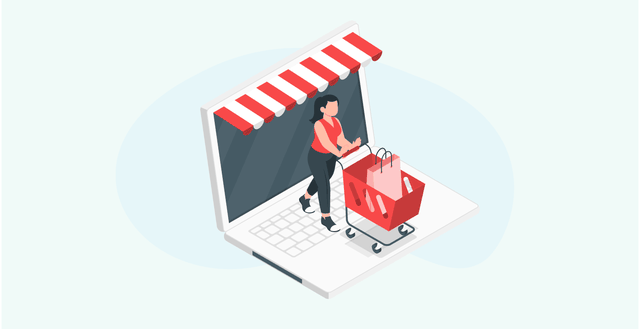 Illustration of a faceless woman pushing a shopping cart out of a laptop screen with an awning overhead