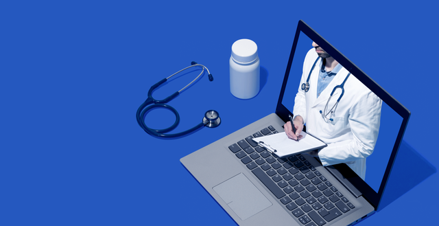 Illustration of a doctor emerging from a laptop screen
