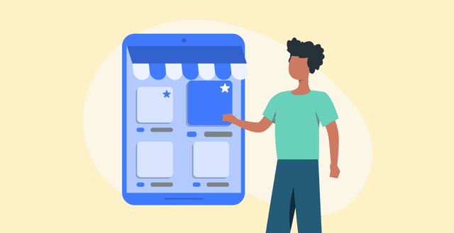 Illustration of person standing next to smartphone that is decorated like a storefront