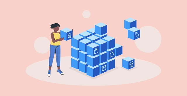 Illustration of woman holding blue blocks