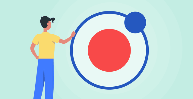Illustration of a person touching a blue circle with a red dot inside it