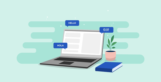 An illustration of a laptop that has the English, Spanish, and Chinese for "Hello"