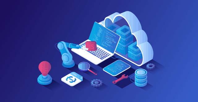 Illustration of robotic arm making a purchase on a laptop surrounded by tools