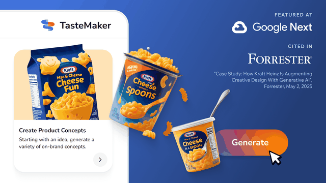 Kraft Mac & Cheese illustrative image with three playful product designs — Cheese Spoons, Cheese in a Spoon, and Cheese Fun — with a large 'Generate' button and customization options like changing packaging color or product type. There is also Google Next logo to show that TasteMaker has received significant recognition so far