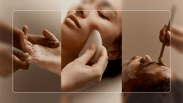 Three-panel image: hand massage with powder, facial massage with a stone tool, and a brush applying a mask to a person's face.