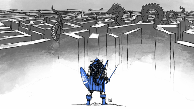 Drawing of lone warrior equipped with Apply Digital shield facing a labyrinth with a dragon in it