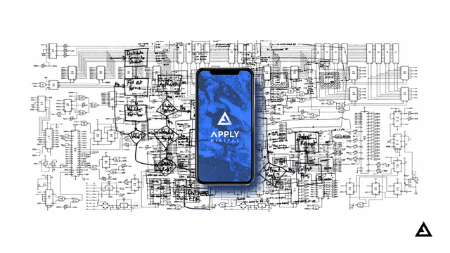 Illustration of smartphone with Apply Digital logo overlaid on technical diagrams