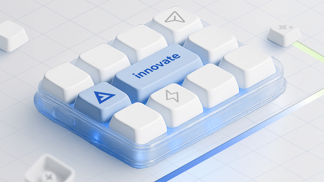 A block of white keys with symbols and a blue "innovate" key on a light grid background, suggesting creativity and technology.
