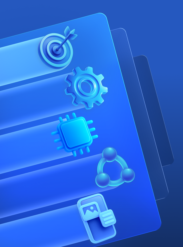 User interface displaying glowing blue icons representing Strategic, Operational, Technological, Organizational, and Experience.