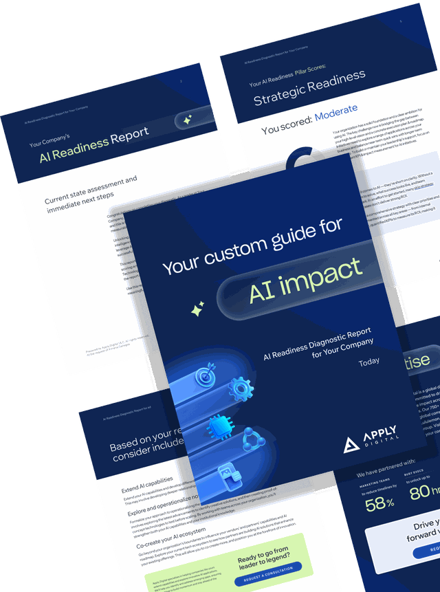 A collection of AI readiness report pages, featuring strategic insights, scores, and recommendations for company impact.