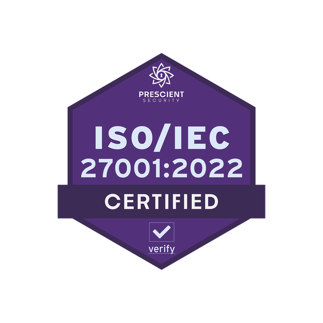 Purple badge displaying "ISO/IEC 27001:2022 Certified" with "Prescient Security" logo and a checkmark labeled "verify" at the bottom.