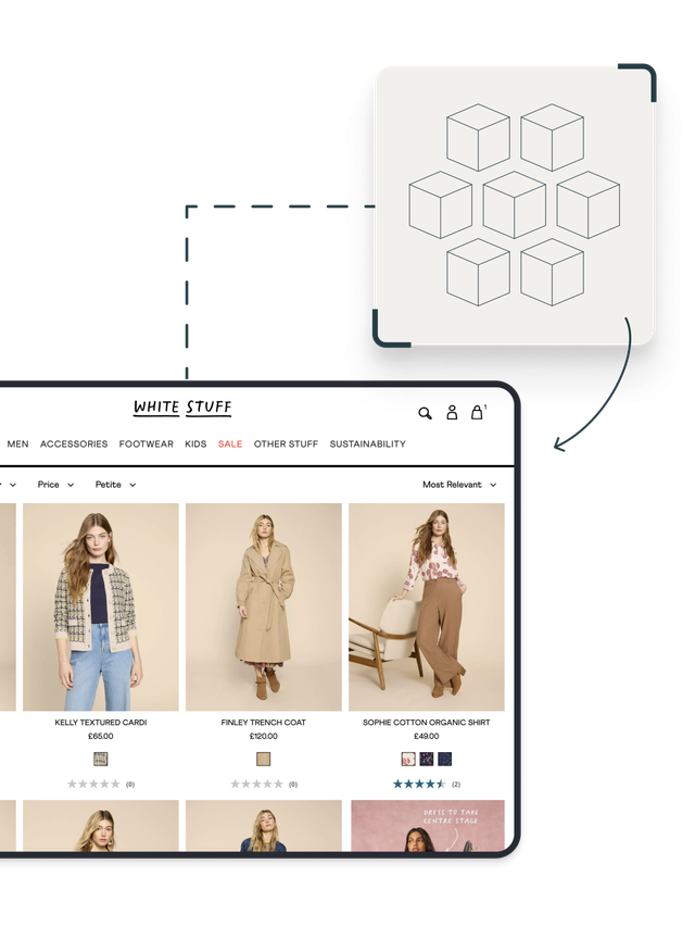 The White Stuff product listing page for Women's clothing appears on a laptop screen. An illustration of composable blocks appear above the laptop screen.