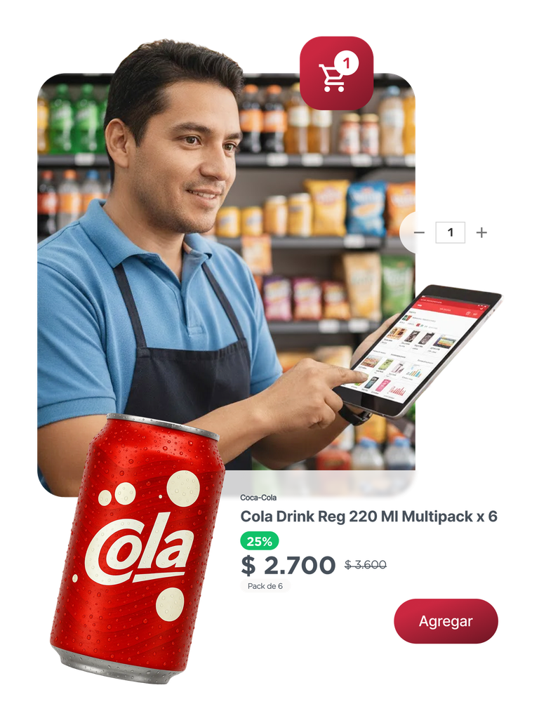 Un hombre joven con camisa azul y delantal, sonríe mientras manipula una tablet frente a un estante de productos en una tienda. En primer plano, una lata roja de 'Cola' con gotas de agua es el elemento principal. Una interfaz de compra flotante muestra los detalles de la 'Coca-Cola Drink Reg 220 Ml Multipack x 6' con un 25% de descuento, un precio de $2.700 y un botón 'Agregar', junto a un ícono de carrito de compras con un '1'