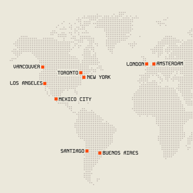 Map with labeled cities: Vancouver, Toronto, New York, Los Angeles, Mexico City, Santiago, Buenos Aires, London, Amsterdam.