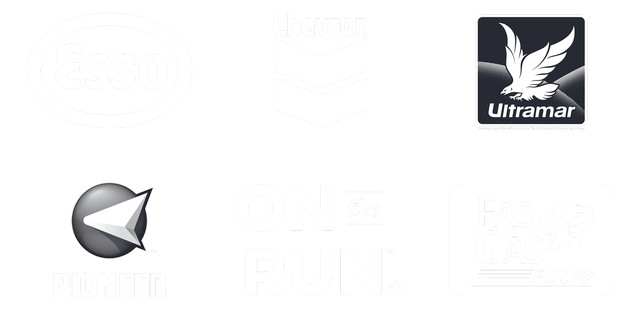 A row of gas station logos associated with the Parkland brand; Esso, Chevron, Ultramar, Pioneer, On The Run, Fast Gas Plus