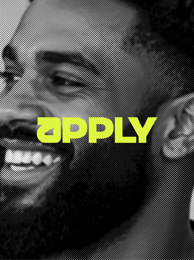 Smiling man in halftone effect with bold yellow text "APPLY" across the image.