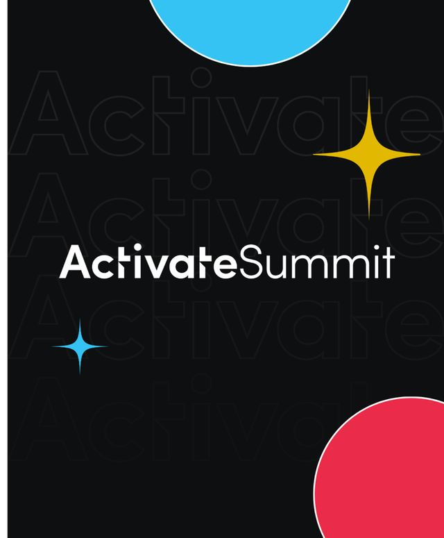 "Activate Summit" text on dark background with blue and red circles and gold star accents.