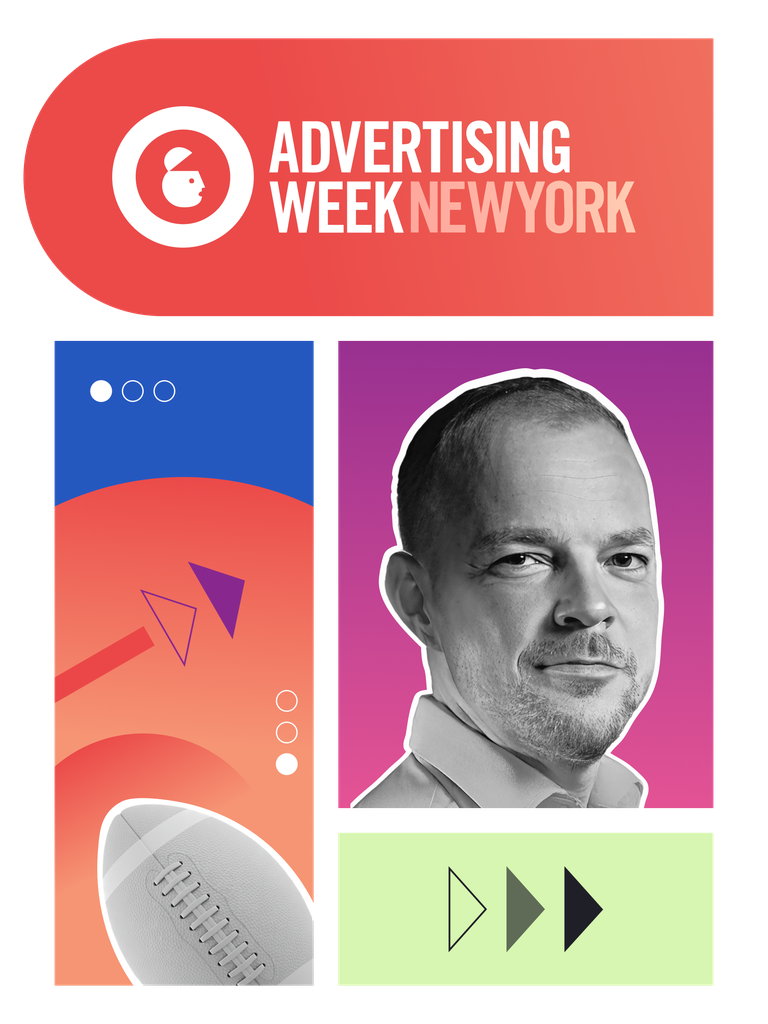 Colorful Advertising Week New York composition featuring a grayscale headshot of Dennis Claus, football graphic, and abstract designs.