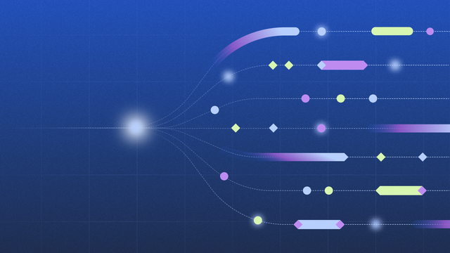 An abstract digital illustration on a textured navy blue background featuring a bright light source on the left that branches out into multiple dotted paths. Each path contains various geometric shapes like circles, diamonds, and elongated capsules in shades of lavender, mint green, and soft blue, symbolizing data flow, divergent thinking, or future trajectories.