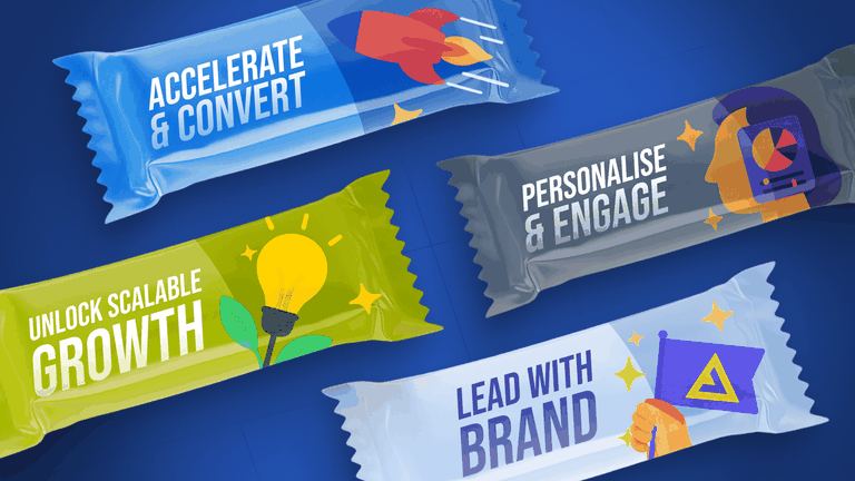 Four colorful wrapped bars with texts: "Accelerate & Convert," "Personalise & Engage," "Unlock Scalable Growth," "Lead with Brand."