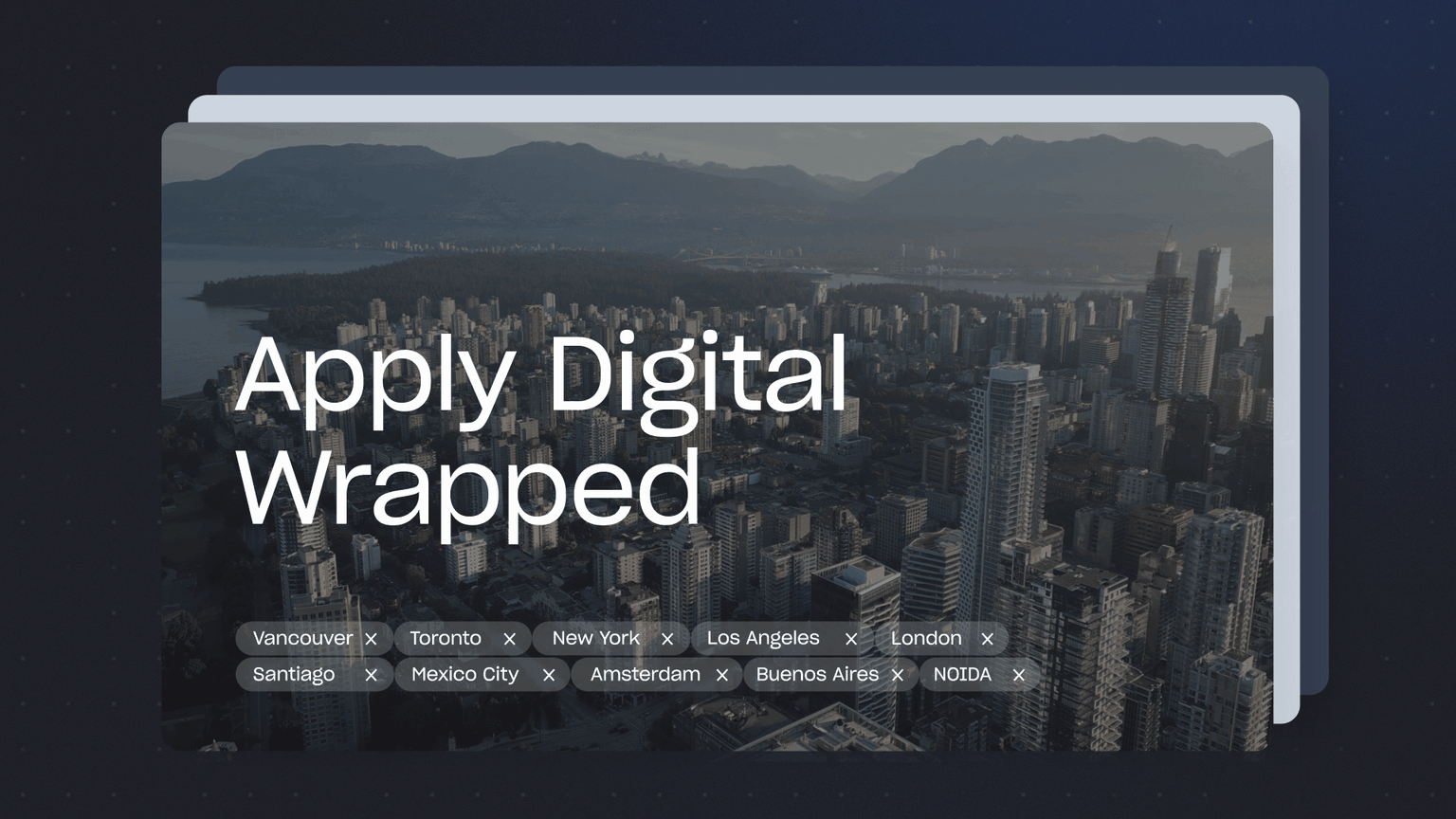 A thumbnail with a areial shot of a city with tags of multiple cities representing the regions with Apply Digital offices. Title reads Apply Digital Wrapped