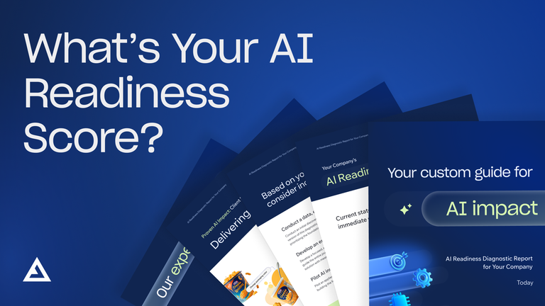 Graphic with the text "What's Your AI Readiness Score?" and several overlapping pages about AI readiness and impact.