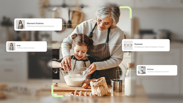 Grandmother and granddaughter baking in a kitchen, surrounded by icons for women's fashion, kids, eyewear, and kitchen items.