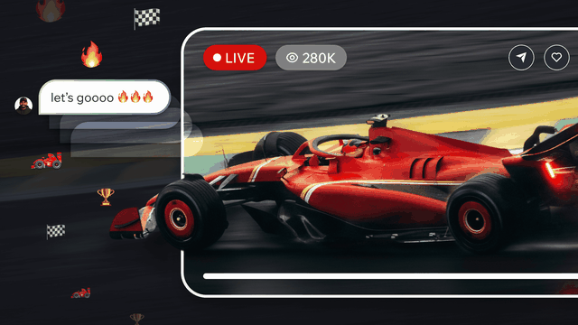 A red Formula 1 car speeds on a track with digital overlays showing a live stream, comments, and viewer count. Racing icons are scattered around.