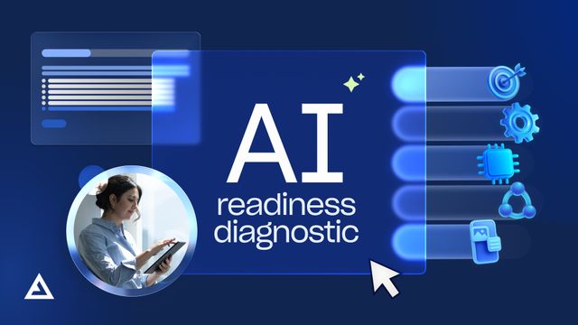 Person using a tablet, set against a blue background. Frame with AI Readiness Diagnostic text and bars with glowing icons representing 5 pillars Strategic, Operational, Technological, Organizational, and Experience.