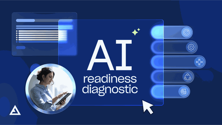 Business woman using a tablet in an office, set against a blue background. The image is framed with the title "AI Readiness Diagnostic" text and accompanying bars with glowing icons that represent five critical pillars your organization will be assessed against