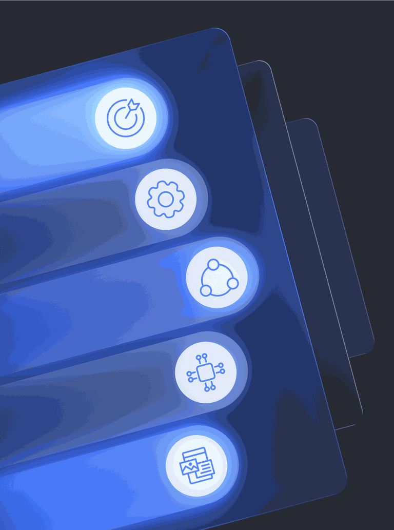 Interface displaying glowing icons representing 5 pillars Strategic, Operational, Technological, Organizational, and Experience.