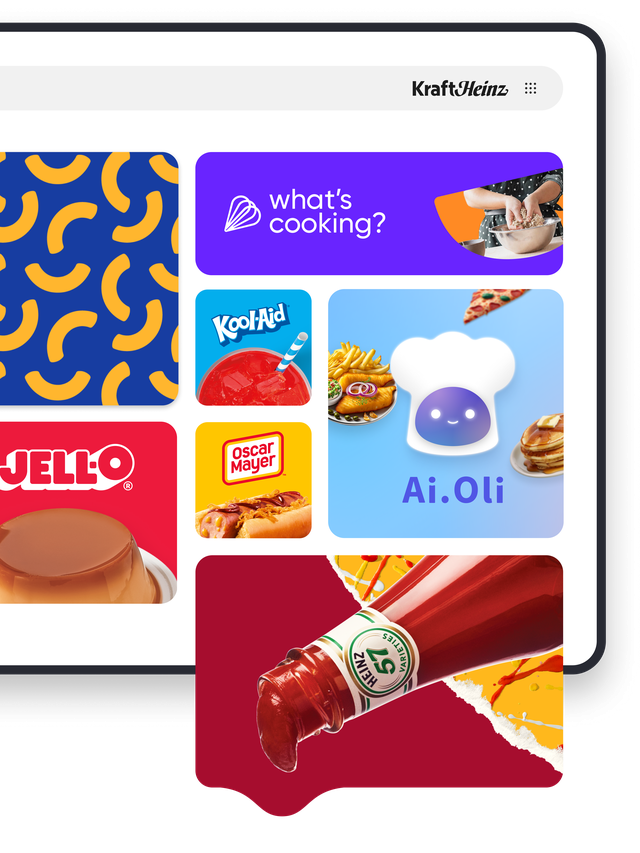 A tablet screen shows the Kraft Heinz products and brands, including Jello-O, Kraft Mac'n'Cheese, Ai.Oli, Kool-Aid, Oscar Mayer, and Heinz.