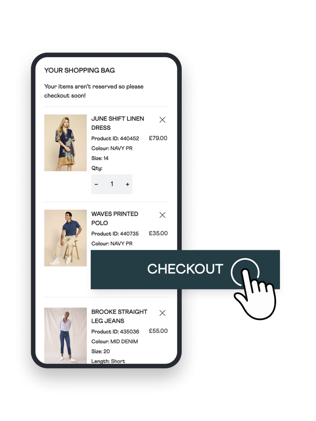 A mobile phone shows the White Stuff shopping bag. A cursor hovers over the checkout button.
