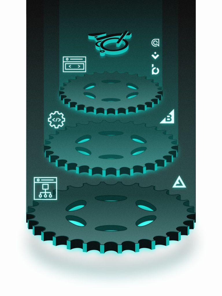 Three glowing, interlocking gears with digital icons, representing a tech stack featuring Algolia, Vue Storefront, BigCommerce, Bloomreach, and Apply Digital logos on a dark green background.