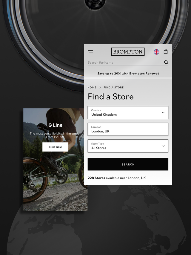 Split-screen image of a Brompton bike website showing a bike ad on the left and a store locator search form on the right.