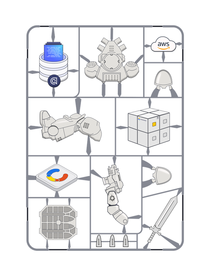 A technology stack designed as a figurine assembly board. The AWS, Contentful, Algolia, and commercetools logos are featured in the image.