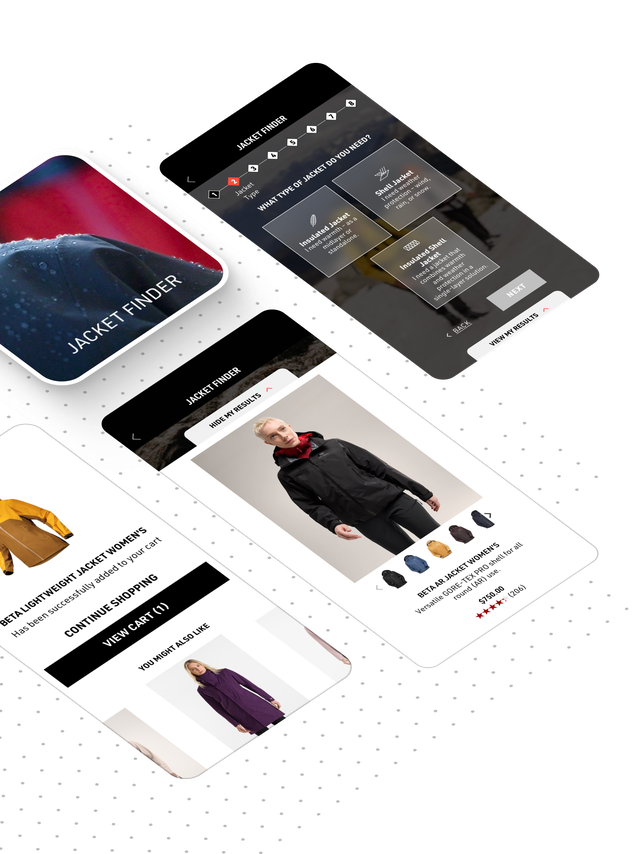 Flat screens of the Arc'teryx app shown at an angle.