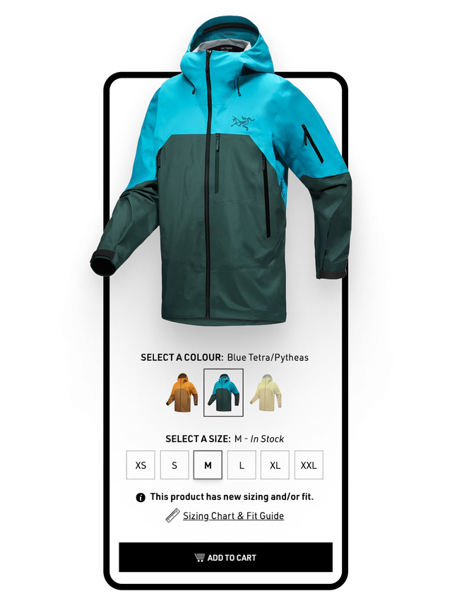 An Arc'teryx coat emerges from a phone screen that displays Arc'teryx's Product Listing Page.
