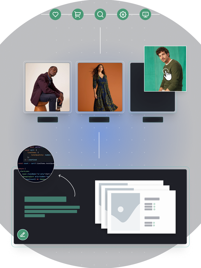 A lo-fi mockup of a composable website, including product images, code, and visual web editing.