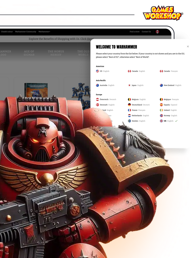 "Welcome to WarHammer" A screen of the country listing pop-up and a WarHammer character on the side