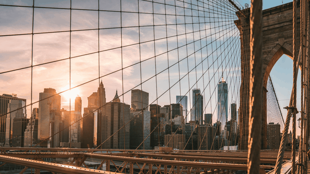 A close up of the Brooklyn Bridge at sunrise in New York City, Manhattan.