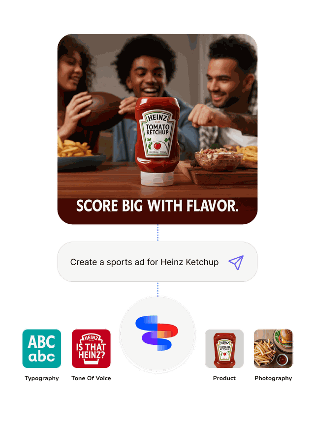 Marketing concept showing a sports-themed Heinz Ketchup ad with a 'Score Big With Flavor' slogan, generated using brand assets like typography, product photography, and tone of voice through Kraft Heinz TasteMaker App.