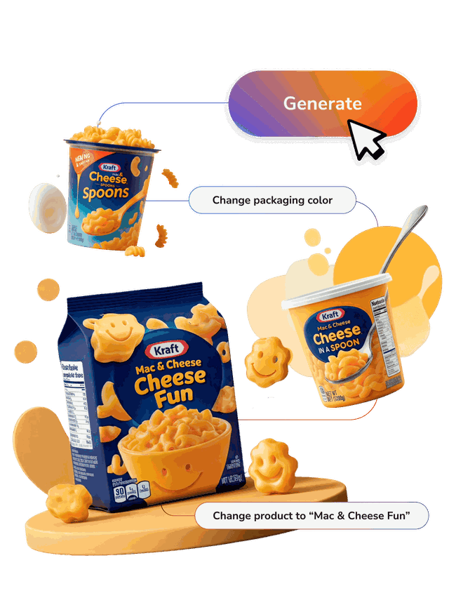 Kraft Mac & Cheese illustrative image with three playful product designs—Cheese Spoons, Cheese in a Spoon, and Cheese Fun—with a large 'Generate' button and customization options like changing packaging color or product type.